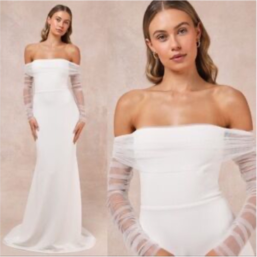 NEW Lulus Beautifully Beloved White Mesh Off-the-Shoulder Maxi Dress XS #1554 - Picture 3 of 8